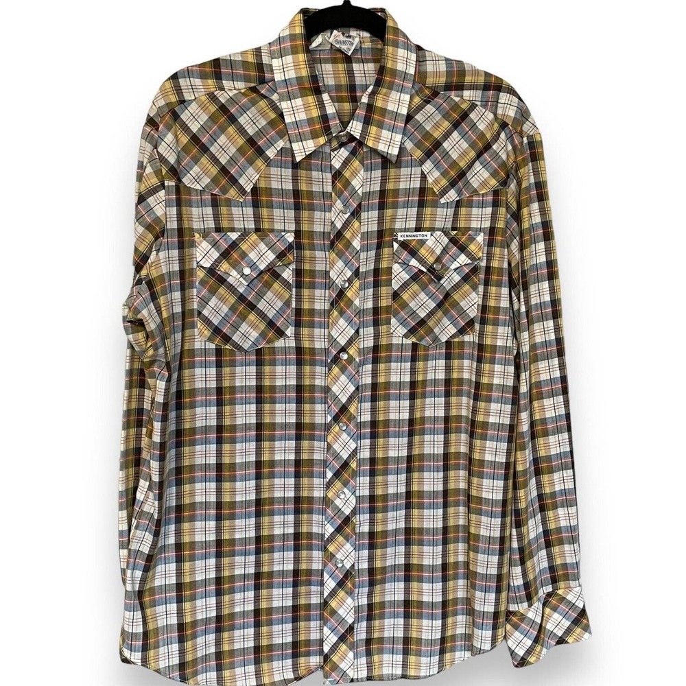 Vintage 70s 80s Kennington Yellow Brown Plaid Large Long Sleeve Pearl Snap Shirt